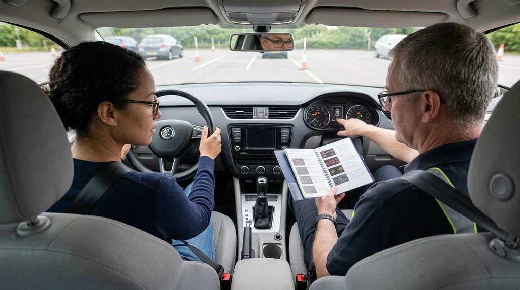 Instructor explaining dashboard driver-assistance features to a learner in a parked car.