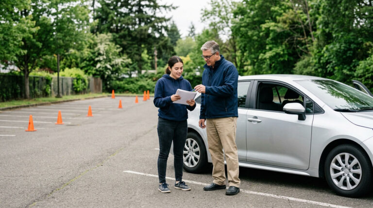 New driver reviewing a first driving lesson plan with an instructor beside a parked car.