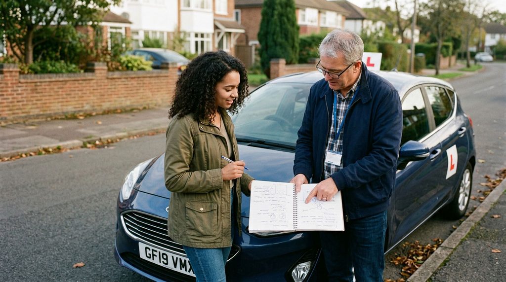 Learner discussing driving lesson progress with an instructor.