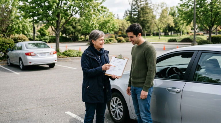 Beginner discussing a first driving lesson with an instructor beside a parked car.