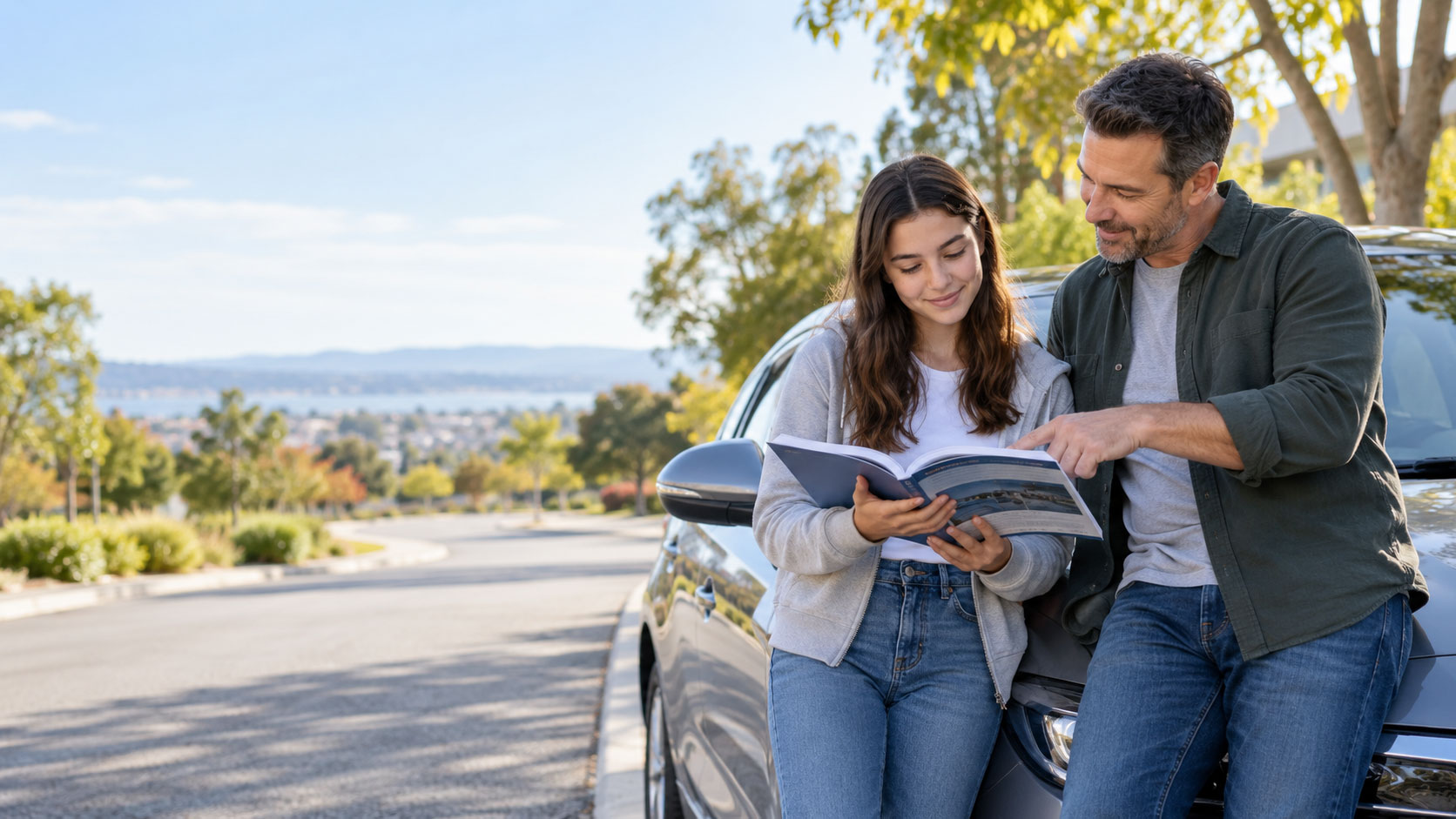 Man and teenage girl leaning against a parked car on a sunny suburban street, smiling as they look at an open book together, surrounded by trees and distant hills under a clear blue sky.