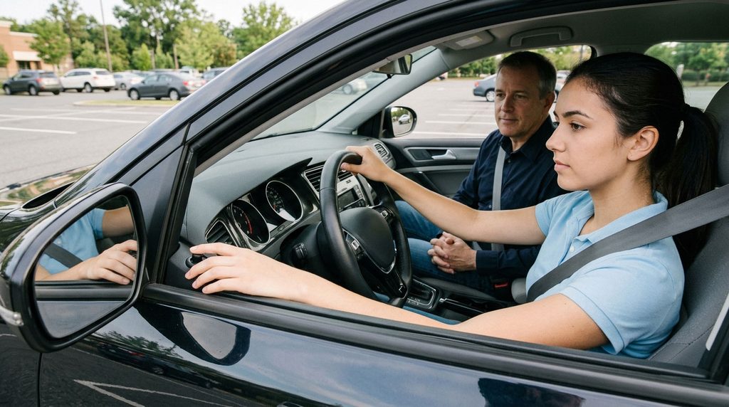 Beginner adjusting a side mirror before a driving lesson.