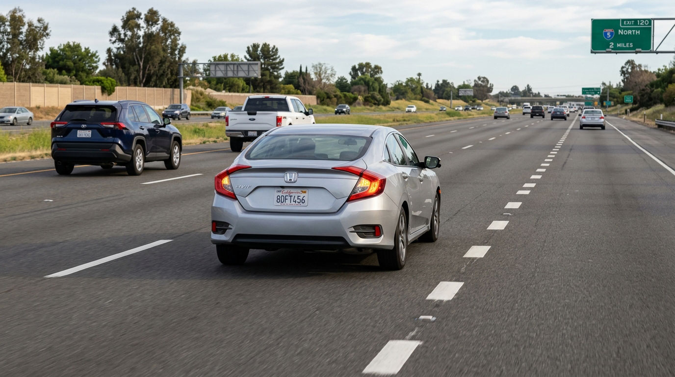 Car signaling before a lane change on a multi-lane road.