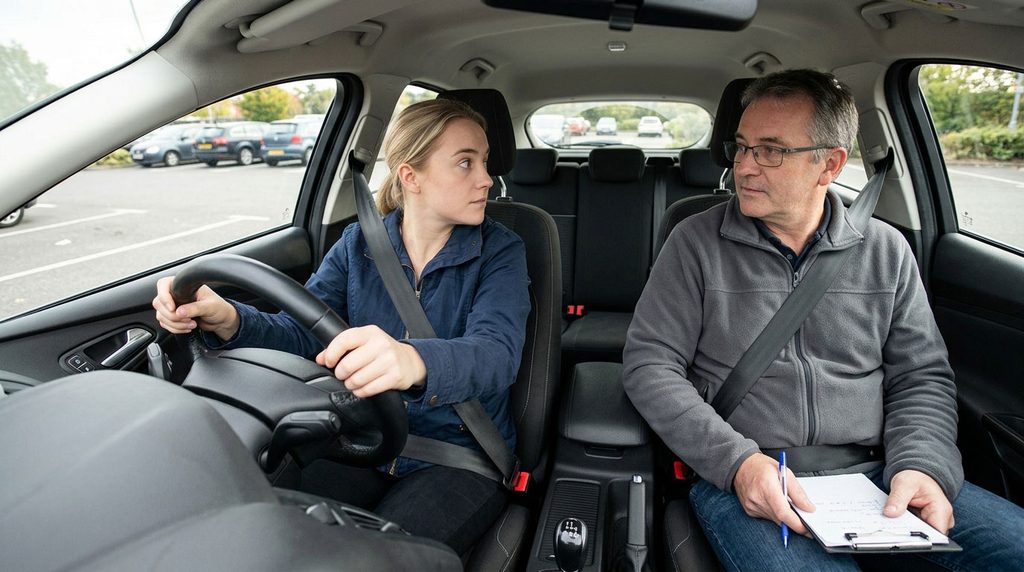 Learner practicing a shoulder check with an instructor in a parked car.