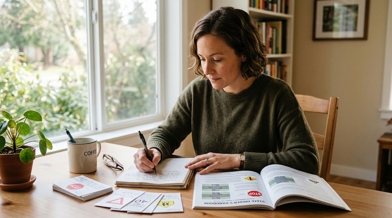 Learner studying a driver handbook and taking notes at a desk.