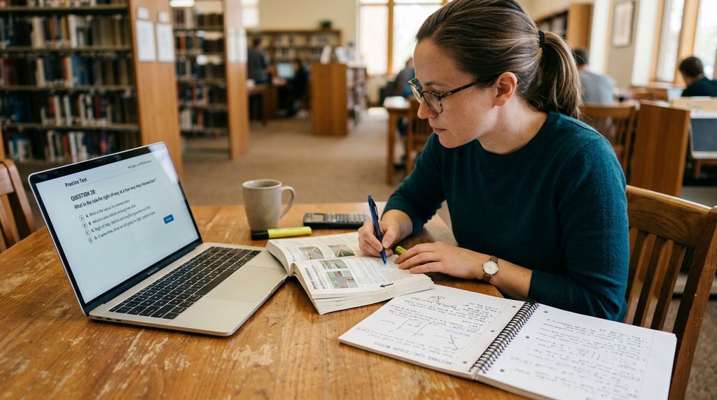 Student reviewing a permit practice question beside a driver handbook.