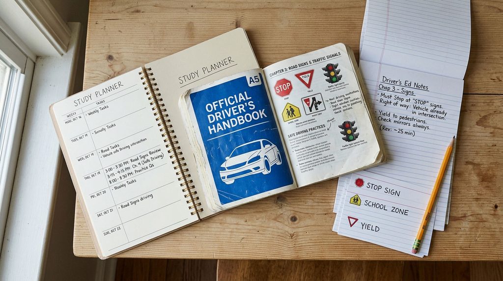 Learner’s permit study plan with handbook notes and flashcards.