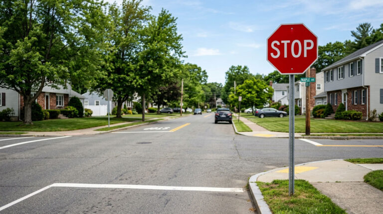 Red octagonal stop sign beside a quiet U.S. intersection.