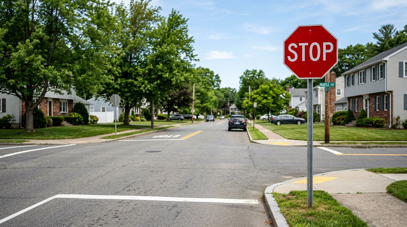 Red octagonal stop sign beside a quiet U.S. intersection.