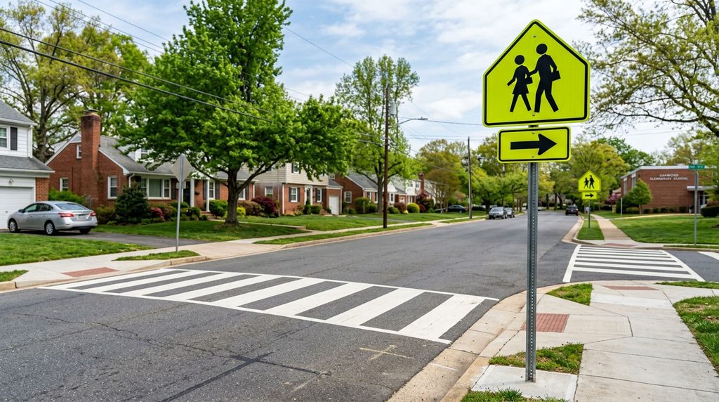 Fluorescent yellow-green school crossing sign beside a marked crosswalk.