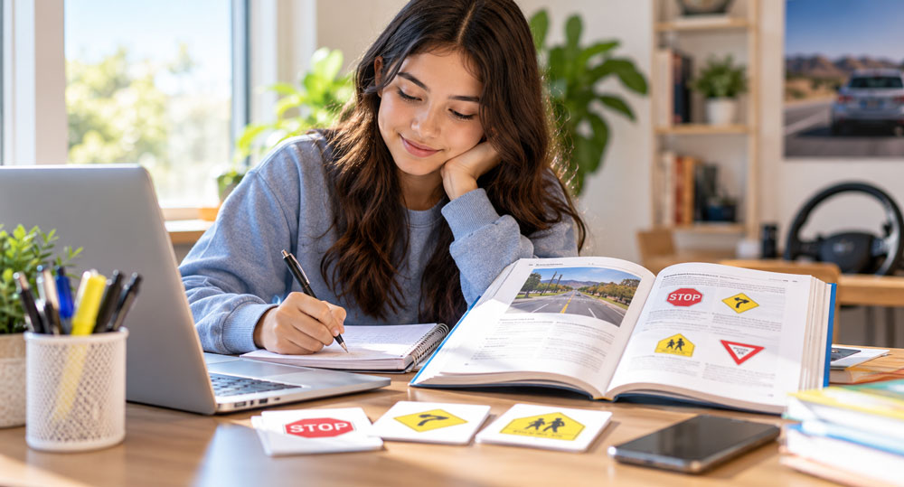 Young woman studying for a driving test at a desk with a laptop, open textbook showing road signs, and flashcards featuring STOP, curve, and pedestrian crossing symbols, surrounded by plants and books in a sunny room.