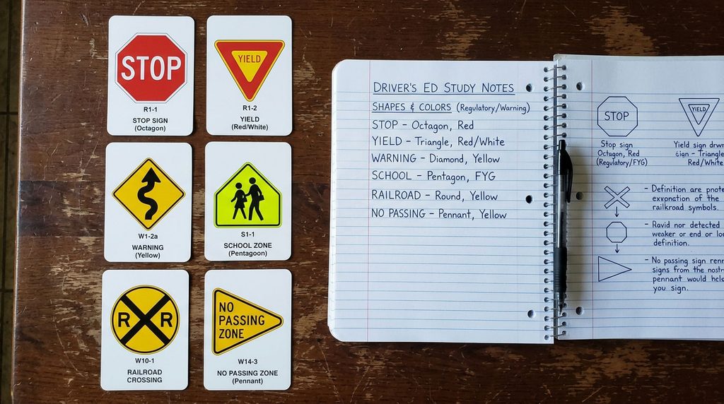Study cards showing common U.S. road sign shapes and colors.